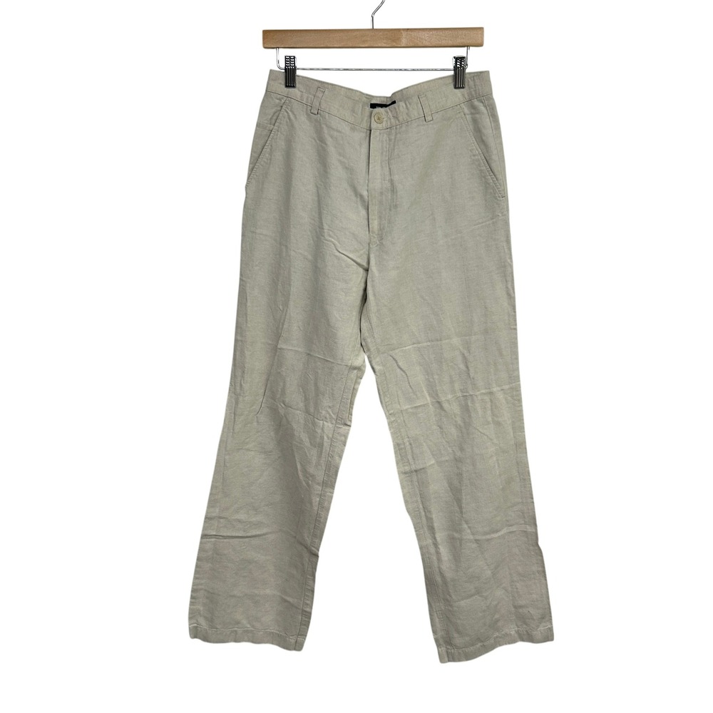 100% Irish Linen Flat Front Trousers 32 Beige Coastal Quiet Luxury Minimalist